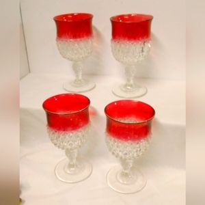 4 Indiana Glass Stemware Goblets 8oz Faceted Cut Cranberry Wine Vintage